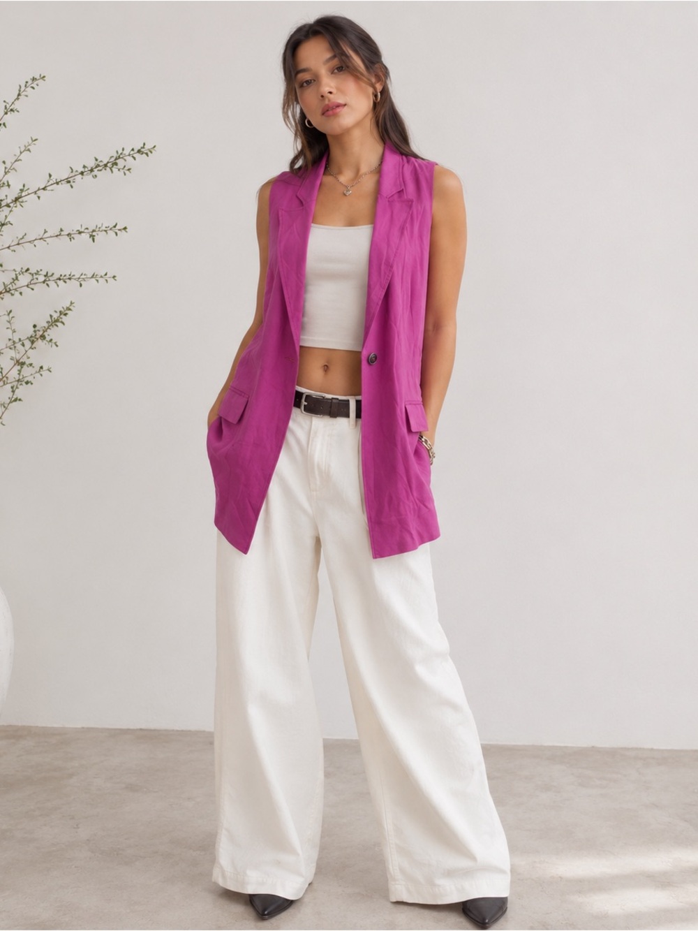 Free People We The Free Lennie Long Vest XS Magenta Purple Sleeveless Blazer